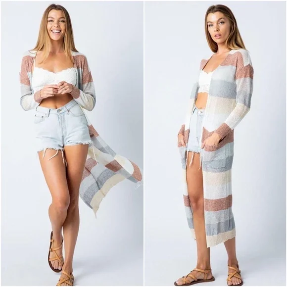 06 Luxe Color Block Pocket Open Front Duster Cardigan - Picture 1 of 2